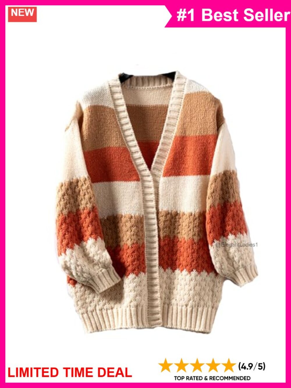 Chunky Cable Knit Oversized Cardigan V-Neck Button Front Lantern Sleeve